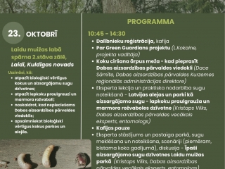 Pasākuma “Alejas un parki kā aizsargājamo sugu dzīvotne” plakāts. Pasākums notiks 23. oktobrī plkst. 10.45–14.30 Laidu muižas labā spārna 2. stāva zālē, Laidos, Kuldīgas novadā. Programmā – projekta Green Guardians iepazīšana, lekcijas par bioloģiski vērtīgiem kokiem, aizsargājamām sugām un koku ciršanu ārpus meža, kā arī praktiska sugu noteikšana un pastaiga parkā. Īpaši aicināti pašvaldību speciālisti, aleju un parku īpašnieki un apsaimniekotāji, kā arī dabas interesenti. Obligāta reģistrācija līdz 16. oktobrim: https://ej.uz/pwz7. Plakātā redzams vecs koks ar dobumu, vaboļu kāpuri un vabole, Interreg Latvijas–Lietuvas programmas un Kurzemes plānošanas reģiona logo.