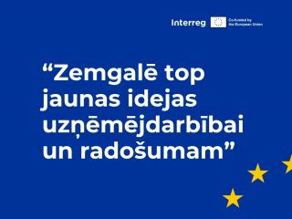 Uz zila fona ar baltiem burtiem nosaukums "Zemgale izmanto Eiropas pieredzi, lai veidotu jaunas iespējas uzņēmējdarbībai un radošajām industrijām", interreg logo
