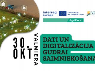 Interreg Europe projekta “AgriExcel” pasākuma vizuālis: lauks ar digitālo tehnoloģiju ikonām un uzrakstu “Dati un digitalizācija gudrai saimniekošanai”. Pasākums notiks 30. oktobrī Valmierā.