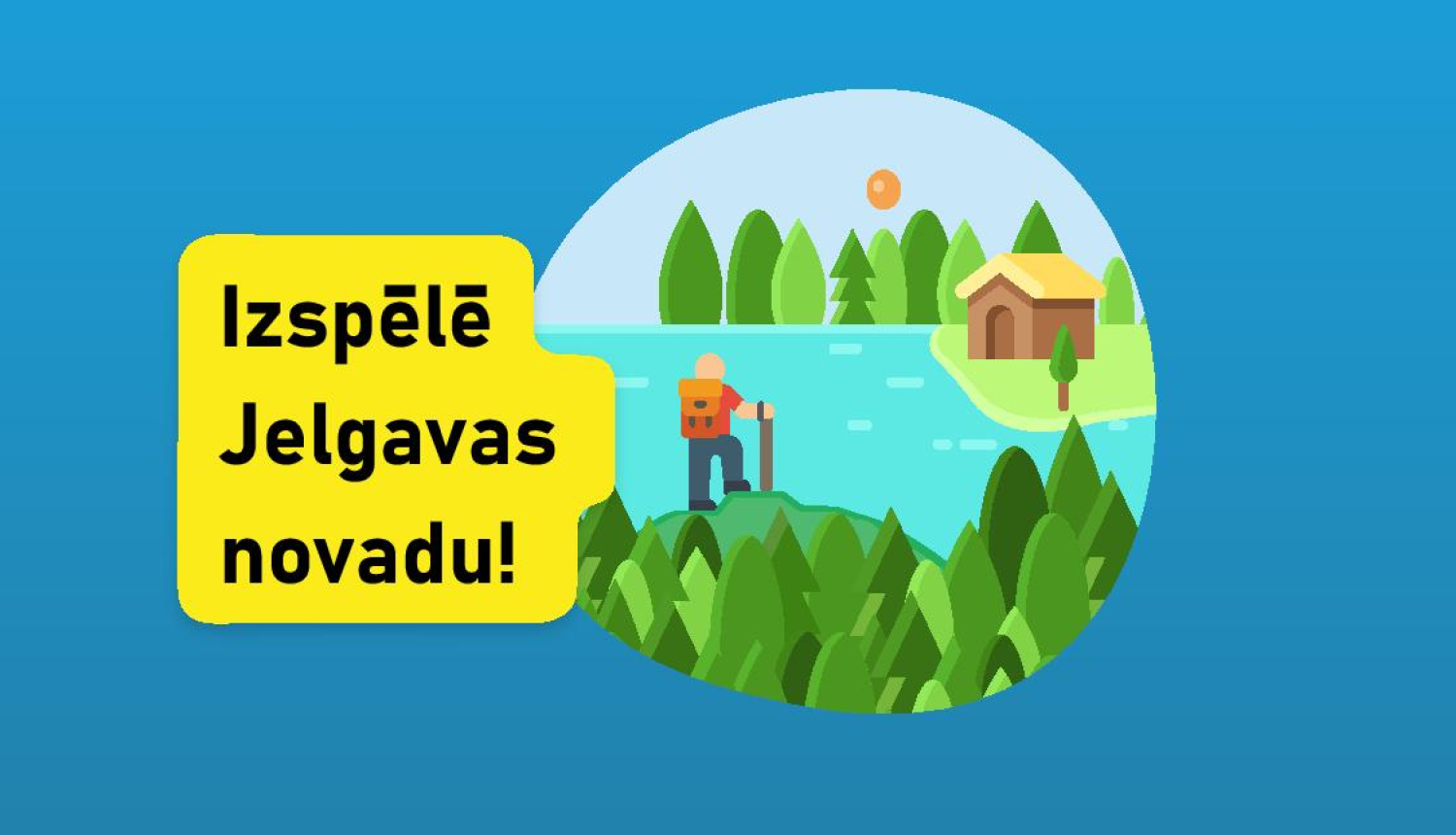 Mobilās lietotnes "Izzini Jelgavas novadu" logo. Nosaukums ar melniem burtiem uz dzeltena fona, aplī ietverts zīmējums, kur redzams cilvēks, kurš dodas pastaigā.