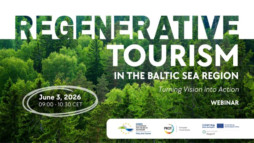 Vebināra "Regenerative Tourism in the Baltic Sea Region: Turning Vision into Action" reklāmas baneris uz zaļa meža fona. Pasākums notiks 2026. gada 3. jūnijā plkst. 09:00–10:30 CET. Apakšā redzami EUSBSR, PROT un Interreg logotipi.