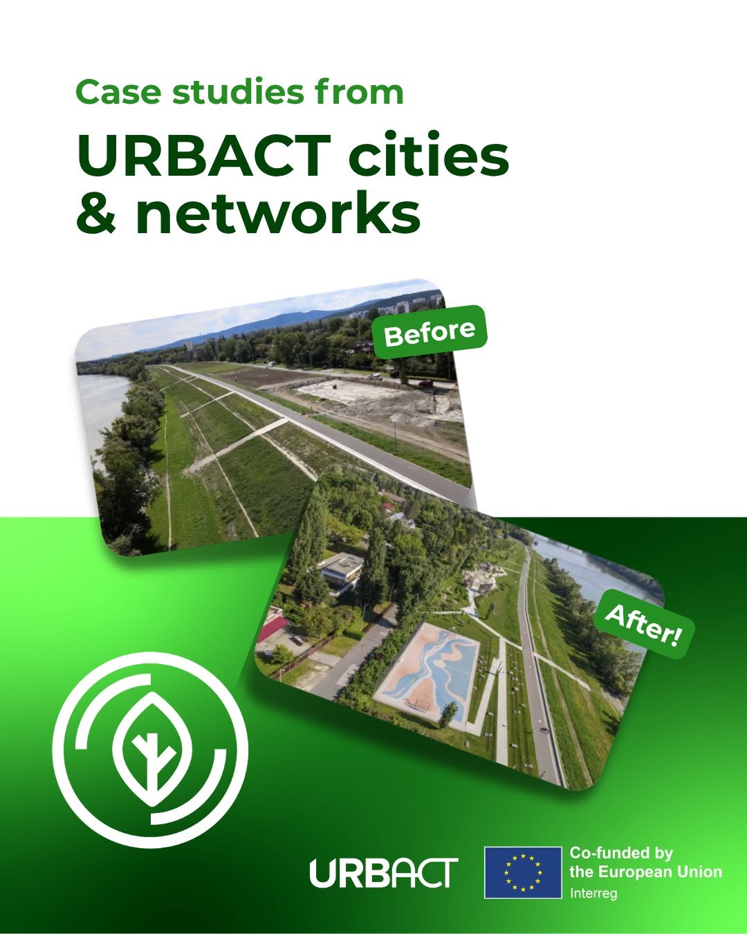 URBACT vizuālis ar piemēriem no pilsētām un tīkliem. Attēlā redzami divi viena upes krastmalas teritorijas aerofoto attēli pirms un pēc pārveides, demonstrējot zaļās infrastruktūras un publiskās ārtelpas uzlabojumus. Apakšā redzams URBACT logo un Eiropas Savienības līdzfinansējuma norāde.